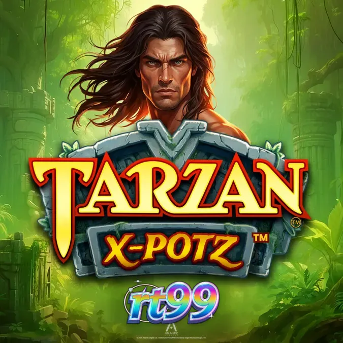 Tampilan visual slot Tarzan X-Potz dengan latar belakang hutan dan simbol karakter ikonik.